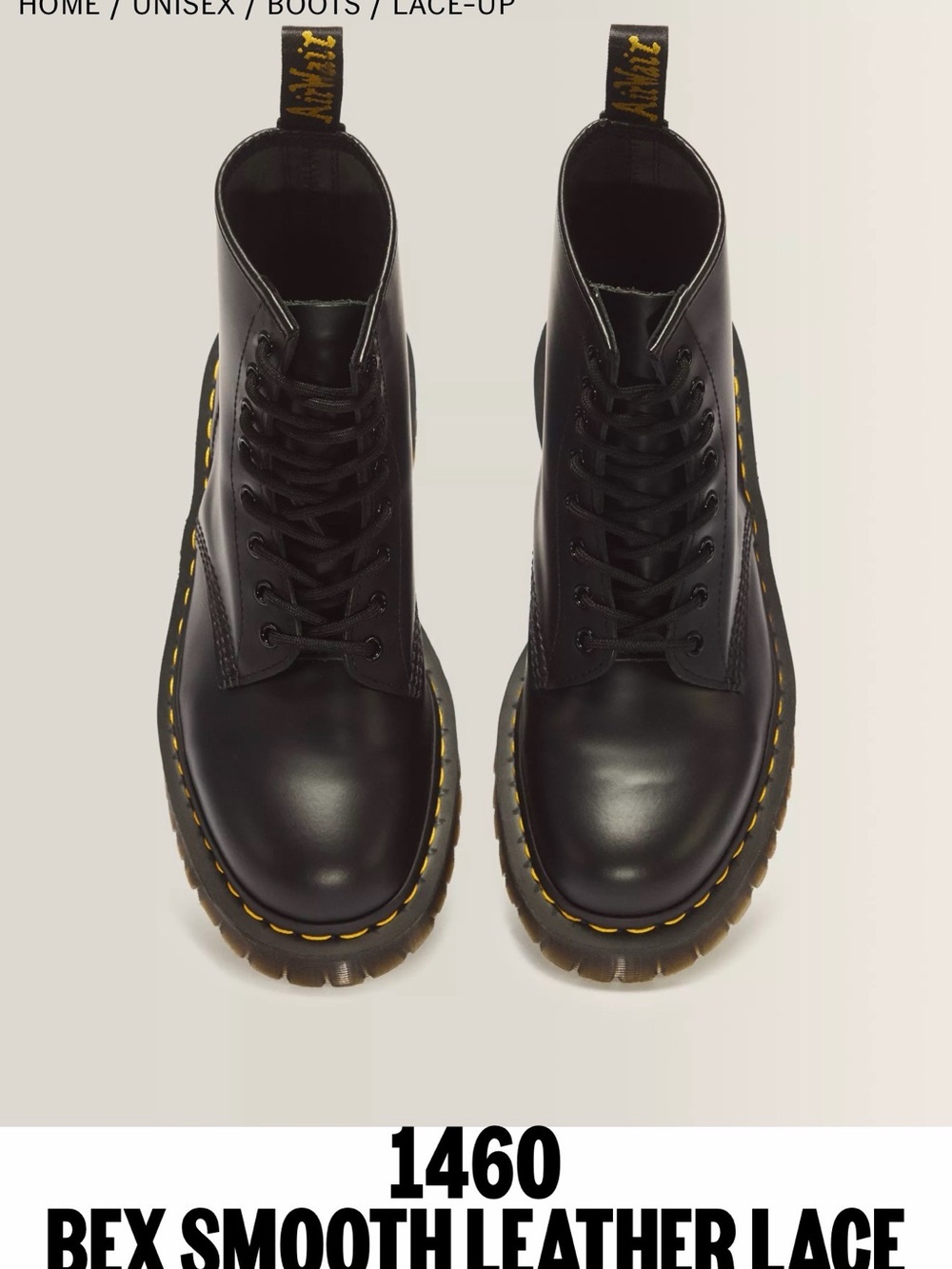 Dr. Martens Bex smooth Black Leather Lace-Up Combat Boots with Yellow Stitching - Picture 2 of 8